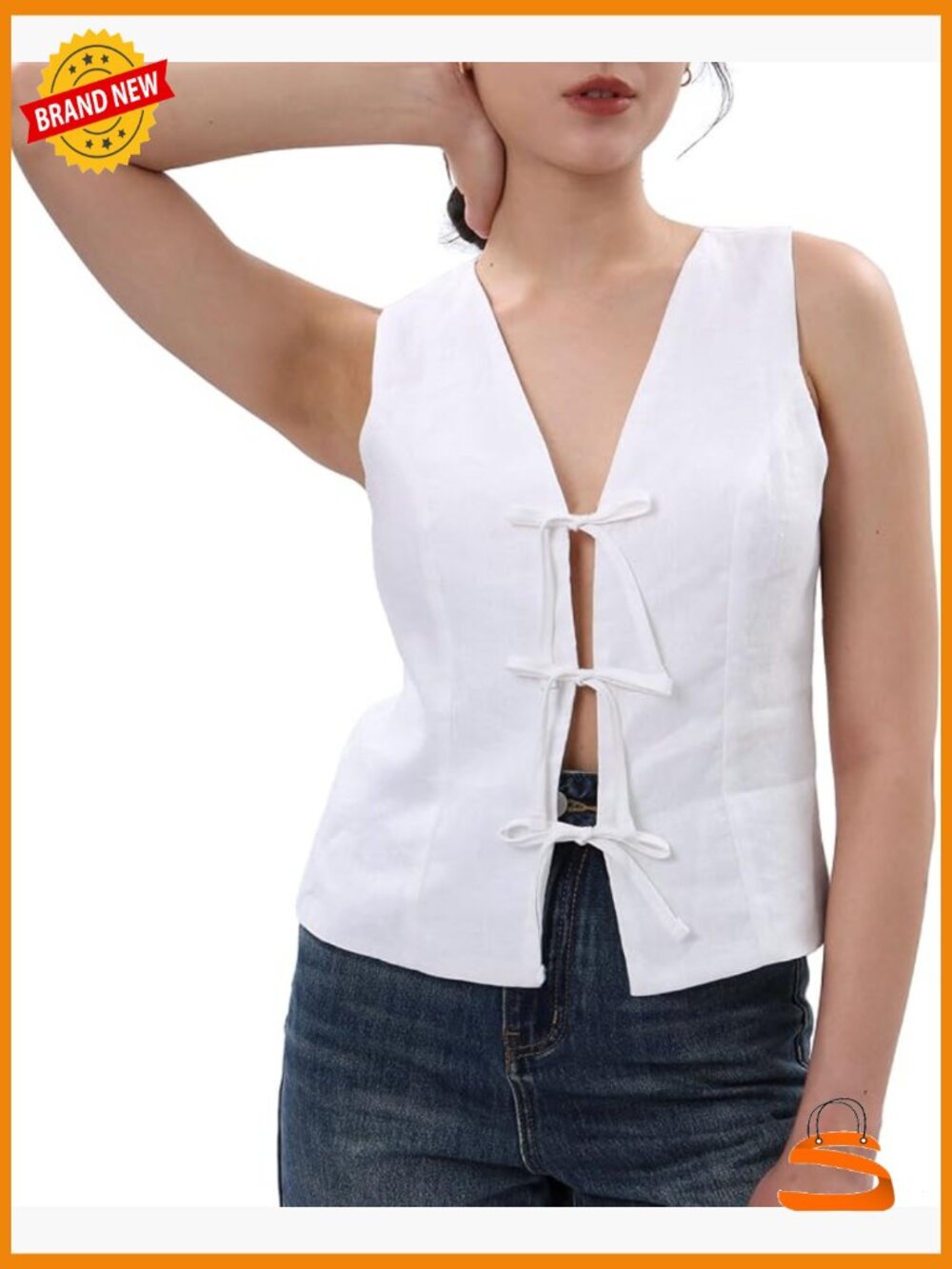 100% Linen Tie Front Crop Top Sleeveless Summer Vest